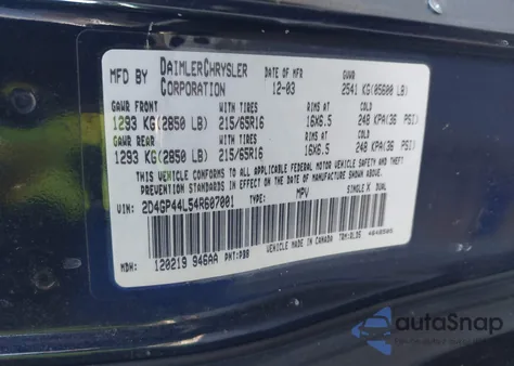 2004 Dodge Grand Caravan Sxt z USA, uszkodzony, nr VIN 2D4GP44L54R607001